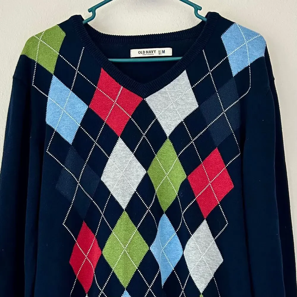 Vintage Old Navy Argyle knit sweater crewneck old money country club Y2K Prep M